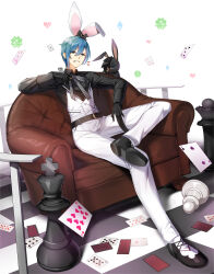 Rule 34 | 1boy, absurdres, adjusting neck ribbon, animal ears, belt, black belt, black bow, black footwear, black gloves, black rabbit (animal), black shirt, blue eyes, blue hair, bow, card, checkered floor, chess piece, clenched teeth, closers, clover, collared shirt, couch, crossed legs, crystal, fake animal ears, figure four sitting, four-leaf clover, full body, gloves, hair between eyes, hair bow, heart, highres, king (chess), long sleeves, nata (closers), neck ribbon, official art, on couch, pants, pawn (chess), playing card, queen (chess), rabbit, rabbit ears, ribbon, shirt, short hair, sitting, solo, tachi-e, teeth, v-shaped eyebrows, vest, white background, white pants, white vest