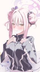 Rule 34 | 1girl, alternate hairstyle, black scrunchie, black track suit, blue archive, blush, breasts, closed mouth, double bun, hair between eyes, hair bun, hair ornament, hair scrunchie, halo, hands on own chest, highres, kangshi, long bangs, long sleeves, looking at viewer, medium breasts, mika (blue archive), official alternate costume, pink hair, scrunchie, simple background, solo, upper body, white background, yellow eyes