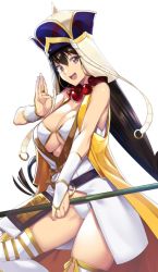 Rule 34 | 1girl, :d, arm guards, bead necklace, beads, bikini, bikini top only, black hair, breasts, bridal gauntlets, cleavage, earrings, fate/grand order, fate (series), hat, holding, holding staff, hoop earrings, jewelry, large breasts, leg up, long hair, looking at viewer, necklace, open mouth, palms, prayer beads, purple eyes, simple background, smile, solo, staff, standing, standing on one leg, swimsuit, thighhighs, tomohiro kai, underboob, white background, white bikini, white thighhighs, wristband, xuangzang sanzang (fate)