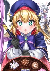 Rule 34 | 1boy, 1girl, artist name, artoria caster (fate), artoria caster (second ascension) (fate), artoria pendragon (fate), blonde hair, blush, chocolate, commentary request, elbow gloves, fate/grand order, fate (series), fou (fate), gloves, green eyes, hair between eyes, hat, holding, holding staff, long hair, looking at viewer, merlin (fate), open mouth, simple background, staff, star-shaped pupils, star (symbol), symbol-shaped pupils, twitter username, watermark, white background, white hair, yayoi maka