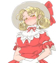 Rule 34 | 1girl, blonde hair, blush, breasts, capelet, closed mouth, commentary request, crossed arms, curly hair, dress, drill hair, elly (touhou), gloves, hat, hat ribbon, large breasts, looking down, medium hair, narrowed eyes, neck ribbon, nose, nose blush, puffy short sleeves, puffy sleeves, red dress, red ribbon, ribbon, s-a-murai, short sleeves, solo, sun hat, touhou, touhou (pc-98), twin drills, upper body, white background, white capelet, white gloves, white hat, yellow eyes