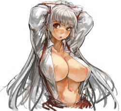 Rule 34 | 1girl, areola slip, arms up, blush, bow, breasts, covered erect nipples, fujiwara no mokou, hair bow, huge breasts, long hair, open clothes, open mouth, pants, red eyes, sachito, silver hair, simple background, sketch, solo, suspenders, touhou, white background