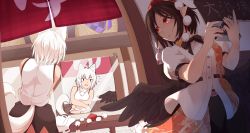 Rule 34 | 2girls, absurdres, animal ears, bare arms, bare shoulders, belt, black skirt, brown hair, buttons, camera, closed mouth, clothes lift, commentary request, cowboy shot, door, fisheye, hat, hiding, highres, indoors, inubashiri momiji, kagami toufu, lifting own clothes, looking at mirror, medium hair, midriff peek, mirror, multicolored clothes, multicolored skirt, multiple girls, navel, pointy ears, red eyes, red skirt, reflection, shameimaru aya, shirt, shirt lift, sidelocks, skirt, sleeveless, sleeveless shirt, smile, stomach, tail, tokin hat, touhou, undressing, white hair, wings, wolf ears, wolf girl, wolf tail