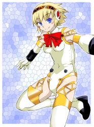 Rule 34 | 1girl, aegis (persona), blonde hair, blue eyes, bow, breasts, closed mouth, commentary request, covered navel, hairband, headphones, humanization, looking at viewer, medium breasts, onnaski, persona, persona 3, short hair, smile, solo, thighhighs