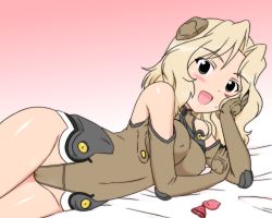 Rule 34 | 10s, 1girl, bare shoulders, bed, blonde hair, blue eyes, blush, breasts, covered erect nipples, girls und panzer, groin, kay (girls und panzer), long hair, looking at viewer, lying, on side, open mouth, shiraki (the perfect world), smile, solo