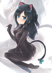 Rule 34 | 1girl, animal ears, ass, between legs, black hair, black nails, blue eyes, blush, bodysuit, breasts, cat ears, cat tail, commentary request, covered erect nipples, fake animal ears, fake tail, hair between eyes, hairband, half updo, hand between legs, highres, homura subaru, jewelry, long hair, looking at viewer, nail polish, necklace, no shoes, ribbon, short ponytail, skin tight, small breasts, solo, tail, tail ornament, tail ribbon, zoom layer
