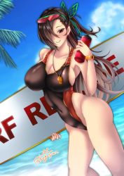 Rule 34 | 1girl, absurdres, alternate costume, black one-piece swimsuit, bottle, breasts, butterfly hair ornament, cleavage, commission, competition swimsuit, eyewear on head, fire emblem, fire emblem fates, hair ornament, hair over one eye, highleg, highleg swimsuit, highres, kagero (fire emblem), kuga zankurou, large breasts, lifeguard, long hair, nintendo, ocean, one-piece swimsuit, palm tree, pixiv commission, smile, surfboard, swimsuit, tree, twitter username, water bottle, whistle, whistle around neck