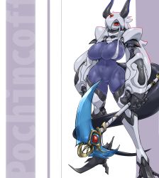 Rule 34 | 1girl, android, blue skin, breasts, colored skin, contrapposto, gluteal fold, grey hair, grey skin, hair over one eye, highres, holding, holding weapon, horns, huge breasts, long hair, monster girl, multicolored skin, narrow waist, navel, negative space, one eye covered, orca (pochincoff), original, oversized forearms, oversized limbs, pochincoff, robot, scythe, sling bikini top, smile, solo, standing, tail, talons, two-tone skin, weapon, white hair