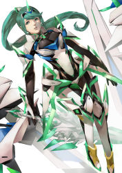Rule 34 | 1girl, blazpu, breasts, chest jewel, feet out of frame, gloves, green eyes, green hair, highres, lips, long hair, medium breasts, parted lips, pneuma (xenoblade), ponytail, simple background, solo, swept bangs, tiara, white background, xenoblade chronicles (series), xenoblade chronicles 2