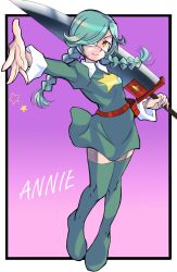 Rule 34 | 1girl, 2018, annie (skullgirls), belt, belt pouch, boots, braid, character name, eyepatch, gradient background, green hair, green skirt, highres, holding, holding sword, holding weapon, looking at viewer, pink background, pouch, purple background, reaching, reaching towards viewer, skirt, skullgirls, smile, solo, star (symbol), sword, thigh boots, thighhighs, twin braids, ungly, weapon, yellow eyes