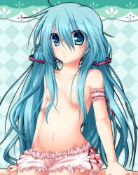 Rule 34 | 1girl, aqua eyes, aqua hair, arm garter, armband, bloomers, censored, convenient censoring, hair censor, hair over breasts, hatsune miku, highres, long hair, messy hair, navel, sayo wini, sitting, solo, topless, twintails, underwear, very long hair, vocaloid