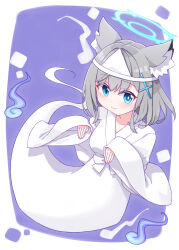 Rule 34 | 1girl, animal ear fluff, animal ears, blue archive, blue eyes, blush, breasts, closed mouth, collarbone, commission, cross hair ornament, extra ears, ghost tail, grey hair, hair ornament, harada (sansei rain), highres, japanese clothes, kimono, long sleeves, medium breasts, medium hair, mismatched pupils, shiroko (blue archive), skeb commission, solo, white kimono, wide sleeves, wolf ears