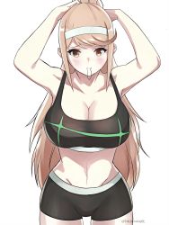 Rule 34 | 1girl, absurdres, adjusting hair, alternate costume, arms behind head, arms up, bikini, black shorts, black sports bra, blush, breasts, brown eyes, brown hair, cleavage, cord, cowboy shot, frown, gym uniform, hairband, headpiece, highres, large breasts, long hair, looking at viewer, mythra (xenoblade), neon trim, nintendo, ponytail, shorts, shy, simple background, solo, sports bra, standing, stomach, swept bangs, swimsuit, the kingdude, twitter username, very long hair, white background, xenoblade chronicles (series), xenoblade chronicles 2