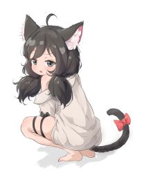 Rule 34 | absurdres, ahoge, animal ear fluff, animal ears, barefoot, black eyes, black hair, blouse, cat ears, cat girl, cat tail, derivative work, from behind, highres, long hair, looking back, low twintails, no pants, off shoulder, open mouth, original, ribbon, shirt, simple background, squatting, tail, tail ornament, tail ribbon, thigh strap, twintails, white background, white shirt, wowo2469