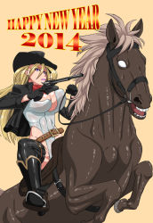 Rule 34 | 10s, 1girl, 2014, blonde hair, breasts, cowboy hat, gun, happy new year, hat, horse, large breasts, ml, new year, weapon