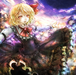 Rule 34 | 1girl, :d, blonde hair, dress, frilled dress, frills, haiki (hakkyoii06), hair ribbon, open mouth, outstretched arms, red eyes, ribbon, rumia, shirt, short hair, slit pupils, smile, solo, spread arms, touhou