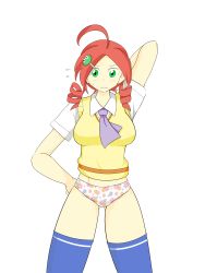 Rule 34 | 1girl, ahoge, andou ringo, artist request, breasts, highres, panties, puyopuyo, red hair, simple background, sweat, underwear, white background, wristband