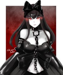 Rule 34 | 10s, 1girl, abyssal ship, bare shoulders, black bow, black dress, black hair, bow, breasts, chain, claws, cleavage, collar, colored skin, dress, glowing, glowing eyes, gothic lolita, hair bow, hayabusa, highres, kantai collection, lace, lace-trimmed dress, lace trim, large bow, large breasts, lips, lolita fashion, long hair, looking at viewer, mechanical arms, red background, red eyes, seaplane tender princess, signature, solo, white skin