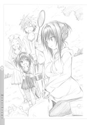 Rule 34 | 1boy, 3girls, absurdres, badminton racket, bag, celine (to love-ru), family, father and daughter, greyscale, highres, holding, holding bag, if they mated, kotegawa yui, monochrome, mother and daughter, multiple girls, aged up, outdoors, pregnant, racket, sitting, spiked hair, tennis racket, to love-ru, wavy hair, yabuki kentarou, yuuki rito