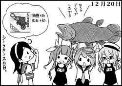 Rule 34 | &gt;:o, 10s, 4girls, :o, ahoge, blush, carrying overhead, coelacanth, comic, dated, fish, glasses, greyscale, hachimaki, hair ornament, hair ribbon, hairband, hat, headband, i-19 (kancolle), i-58 (kancolle), i-8 (kancolle), kantai collection, monochrome, multiple girls, name tag, necktie, open mouth, peaked cap, ribbon, saiguchi otoufu, school swimsuit, school uniform, serafuku, simple background, swimsuit, swimsuit under clothes, translation request, twintails, ushio (kancolle), v-shaped eyebrows