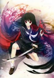 Rule 34 | 1girl, absurdres, black hair, cape, highres, katagiri hinata, long hair, sword, weapon