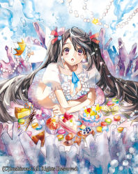 Rule 34 | 1girl, biscuit, bow, brown hair, bubble, cake, cardfight!! vanguard, center opening, company name, coral, crown, food, gem, long hair, macaron, mermaid, monster girl, official art, open mouth, pearl (gemstone), pink eyes, shell hair ornament, solo, sweet harmony mona, tibino, twintails, underwater