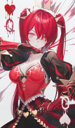 Rule 34 | 1girl, breasts, closed mouth, collar, eyes visible through hair, gauntlets, grimlight, hand up, heart, looking at viewer, medium breasts, pink eyes, puffy sleeves, queen of hearts (grimlight), red hair, solo, twintails, upper body, wanke