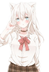 Rule 34 | 1girl, animal ears, blonde hair, blue eyes, bow, cat ears, collar, cowboy shot, hair between eyes, highres, hiro (hirohiro31), long hair, looking at viewer, original, red bow, shirt, sleeves rolled up, solo, white background, white shirt