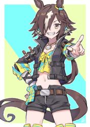 Rule 34 | 1girl, belt, black hair, black jacket, black shorts, botamochi (exwelder), crop top, crop top overhang, grin, hair over one eye, hand on own hip, highres, jacket, jewelry, long hair, looking at viewer, midriff, navel, necklace, open mouth, pocket watch, pointing, pointing at viewer, ponytail, shirt, short shorts, shorts, signature, smile, solo, standing, teeth, umamusume, vodka (umamusume), watch, yellow eyes, yellow shirt