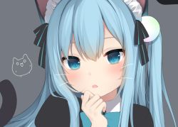Rule 34 | 1girl, amashiro natsuki, animal ears, bad id, bad twitter id, black dress, blue bow, blue eyes, blue hair, blush, bow, cat ears, cat girl, cat tail, collared dress, commentary, dress, eyebrows hidden by hair, grey background, hair between eyes, hair ornament, hand up, long hair, maid headdress, nekoha shizuku, one side up, original, parted lips, puffy sleeves, simple background, solo, tail, tail raised