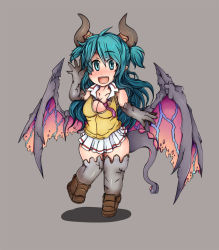 Rule 34 | 10s, 1girl, :d, aqua eyes, aqua hair, breasts, chibi, chione (monster musume), claws, cleavage, fang, full body, gargoyle, grey background, horns, long hair, looking at viewer, monster girl, monster musume no iru nichijou, monster musume no iru nichijou online, necktie, open mouth, pointy ears, shadow, simple background, skirt, smile, solo, tail, tokamaku, waving, wings