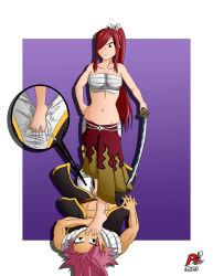 Rule 34 | 1boy, 1girl, angry, arlioth, artist name, assertive female, barefoot, breasts, defeat, denki anma, domination, erza scarlet, fairy tail, feet, femdom, foot on another&#039;s face, foot on head, foot worship, footjob, footjob over clothes, highres, humiliation, japanese clothes, katana, long hair, looking down, lying, natsu dragneel, on back, ponytail, red hair, short hair, stepped on, sword, toes, trample, trampled, weapon