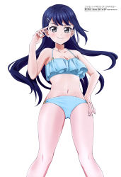 Rule 34 | 1girl, absurdres, bare arms, bare legs, bikini, blue bikini, blue hair, breasts, cleavage, closed mouth, collarbone, frilled bikini, frills, grey eyes, hair ornament, hairclip, hand on own hip, highres, kiyose yuu, long hair, looking at viewer, megami magazine, navel, official art, puraore! pride of orange, scan, simple background, small breasts, smile, solo, standing, swimsuit, tanaka kii, white background