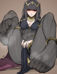 Rule 34 | 1girl, anklet, black eyes, black hair, blue nails, blunt bangs, bodystocking, breasts, bridal gauntlets, cape, circlet, cleavage, close-up, covered navel, feet, female focus, fire emblem, fire emblem awakening, fire emblem heroes, foot focus, gorget, highres, jewelry, kataku musou, legs up, long hair, looking at viewer, matching hair/eyes, medium breasts, nail polish, navel, nintendo, parted lips, pelvic curtain, shaded face, sitting, skin tight, solo, spread legs, teeth, tharja (fire emblem), thighhighs, thighlet, toes, two side up
