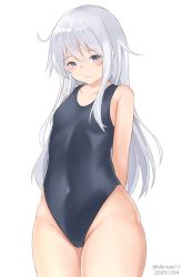 Rule 34 | 1girl, 88942731ne, arms behind back, black one-piece swimsuit, commentary request, covered navel, cowboy shot, dated, embarrassed, flat chest, grey eyes, hibiki (kancolle), highleg, highleg swimsuit, highres, kantai collection, long hair, looking at viewer, one-hour drawing challenge, one-piece swimsuit, simple background, solo, standing, swimsuit, white background, white hair