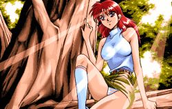 Rule 34 | artist request, bare shoulders, belt, blue panties, breasts, brown belt, climbing tree, commentary, dithering, from below, game cg, green skirt, hand up, in tree, kneehighs, large breasts, light rays, long hair, looking down, lowres, misao (mugen yasoukyoku), mugen yasoukyoku, official art, panties, pantyshot, pixel art, red eyes, red hair, retro artstyle, shirt, skirt, sleeveless, sleeveless shirt, sleeveless turtleneck, smile, socks, solo, striped clothes, striped panties, sunbeam, sunlight, tree, turtleneck, underwear, white panties, white shirt, white socks