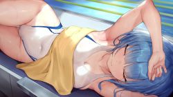 Rule 34 | 1girl, arm up, armpits, bare legs, bare shoulders, blue hair, breasts, cleavage, closed eyes, closed mouth, competition swimsuit, covered navel, eyebrows hidden by hair, feet out of frame, female focus, from above, game cg, groin, highres, indoors, large breasts, legs, lying, medium hair, navel, on side, one-piece swimsuit, original, pool, sleeping, solo, swimsuit, thigh gap, thighs, towel, water, waymay, white one-piece swimsuit