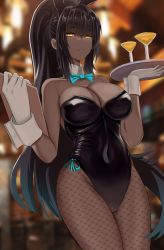 Rule 34 | 1girl, absurdres, alcohol, animal ears, black hair, black leotard, blue archive, blurry, blurry background, bow, bowtie, breasts, cleavage, cocktail glass, covered navel, cup, dark-skinned female, dark skin, detached collar, drinking glass, fake animal ears, fishnets, gloves, groin, highres, holding, holding menu, holding tray, karin (blue archive), karin (bunny) (blue archive), large breasts, leotard, long hair, looking at viewer, menu, micchan (micchanmeido), pantyhose, parted lips, playboy bunny, ponytail, rabbit ears, sidelocks, solo, standing, traditional bowtie, tray, very long hair, white gloves, wrist cuffs, yellow eyes