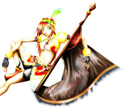 Rule 34 | 00s, 1girl, axe, bike shorts, blue eyes, breasts, brown hair, feathers, female focus, final fantasy, final fantasy ix, fingerless gloves, gloves, hairband, lani (ff9), long hair, shoes, solo, weapon, white background