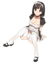 Rule 34 | 1girl, 2l (2lsize), apron, arms at sides, black eyes, black hair, blush, breasts, choker, cleavage, clothes lift, from above, full-face blush, full body, highres, looking at viewer, maid, maid headdress, medium breasts, original, panties, protected link, short hair, simple background, sitting, skirt, skirt lift, solo, thighhighs, underwear, white background, white panties, white thighhighs, wrist cuffs