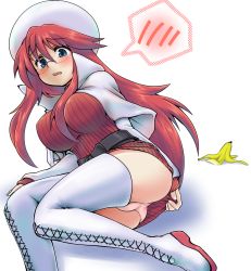 Rule 34 | 1girl, ass, aty (summon night), banana peel, beret, blue eyes, boots, breasts, capelet, cross-laced footwear, embarrassed, fallen down, glasses, hat, highres, lace-up boots, large breasts, long hair, m.m, open mouth, panties, pantyshot, red hair, rimless eyewear, solo, summon night, summon night 3, sweater, thigh boots, thighhighs, thighs, underwear, wavy mouth, white footwear, white thighhighs