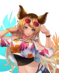 Rule 34 | 1girl, :p, animal ears, arms up, bare shoulders, belt, blonde hair, blue eyes, breasts, crop top, denim, denim shorts, eyelashes, eyeliner, eyewear on head, floral print, granblue fantasy, highres, jewelry, kangaruu (momotk1109), large breasts, looking at viewer, makeup, mari (granblue fantasy), midriff, navel, necklace, parted bangs, shorts, simple background, solo, tongue, tongue out, upper body, wristband