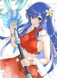 Rule 34 | 1girl, absurdres, blue eyes, blue hair, blush, breasts, caeda (fire emblem), caeda (summer) (fire emblem), fire emblem, fire emblem: mystery of the emblem, fire emblem heroes, flower, gonzarez, highres, large breasts, long hair, looking at viewer, nintendo, simple background, smile, solo, swimsuit, weapon