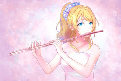 Rule 34 | 10s, 1girl, ayase eli, bare shoulders, blonde hair, blue eyes, dress, flute, instrument, inuko (redconstellation), long hair, love live!, love live! school idol project, music, playing instrument, ponytail, scrunchie, solo, strapless, strapless dress, white dress