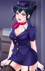Rule 34 | 1girl, black hair, breasts, charlotte (fap ceo), facing viewer, fap ceo, flight attendant, garter straps, gloves, hat, looking at viewer, medium breasts, microskirt, pink eyes, short hair, short sleeves, skirt, smile, solo, thighhighs, travel attendant, white gloves, zettai ryouiki