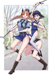 Rule 34 | 5girls, arm up, bare tree, baton (weapon), belt, black belt, black footwear, black hair, black leotard, black necktie, blonde hair, blue eyes, blue headwear, blue leotard, blue sailor collar, blue shirt, blue skirt, blunt bangs, blunt ends, boots, border, breasts, brown eyes, brown footwear, brown hair, centauroid, collared shirt, commentary request, commission, day, expandable baton, faceless, faceless female, female service cap, full body, gloves, grey hair, hair ribbon, hat, high heels, highres, holding, holding baton (weapon), holding reins, holding weapon, horns, horseback riding, jacket, knee boots, leotard, long hair, long sleeves, low-tied long hair, man catcher, medium breasts, monster girl, multiple girls, multiple legs, nakata shizu, neckerchief, necktie, open mouth, original, outdoors, outside border, parted bangs, police, police hat, police uniform, policewoman, red neckerchief, reins, ribbon, riding, road, running, sailor collar, school uniform, serafuku, shirt, short hair, short sleeves, side slit, sidelocks, skeb commission, skirt, socks, standing, street, sweat, taur, teeth, thighhighs, tree, twintails, uniform, upper teeth only, walkie-talkie, weapon, white border, white gloves, white jacket, white socks, white thighhighs, wrist cuffs