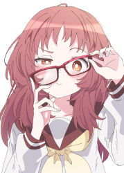 Rule 34 | 1girl, blush, bright pupils, closed mouth, commentary request, glasses, ixy, long sleeves, looking at viewer, medium hair, mie ai, neckerchief, red-framed eyewear, red hair, red sailor collar, sailor collar, school uniform, serafuku, simple background, solo, sukinako ga megane wo wasureta, upper body, white background, white pupils, yellow neckerchief