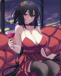 Rule 34 | 1girl, ahoge, azur lane, black garter straps, black hair, black thighhighs, breasts, choker, cleavage, cocktail dress, couch, cup, dress, drinking glass, evening gown, garter straps, hair between eyes, hair ornament, highres, holding, holding cup, indoors, large breasts, light smile, long hair, looking at viewer, official alternate costume, on couch, red choker, red dress, red eyes, ref (pmxt4483), sitting, sleeveless, sleeveless dress, solo, taihou (azur lane), taihou (forbidden feast) (azur lane), thighhighs, very long hair, window