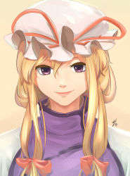 Rule 34 | 1girl, absurdres, blonde hair, chinese commentary, closed mouth, gradient background, h.an (516635864), hair between eyes, hair ribbon, hat, hat ribbon, highres, lips, long hair, looking at viewer, mob cap, orange ribbon, pink lips, purple eyes, purple tabard, ribbon, smile, solo, tabard, touhou, upper body, white hat, yakumo yukari