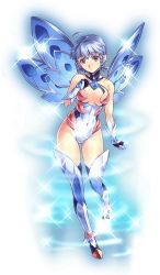 Rule 34 | 1girl, bare shoulders, blue hair, boots, breasts, brown eyes, ceilia (sennen sensou aigis), center opening, cleavage, fairy, fairy wings, full body, gloves, hand on own chest, leotard, looking at viewer, medium breasts, official art, original, sennen sensou aigis, skin tight, solo, thigh boots, thighhighs, transparent background, uchiu kazuma, white background, wings
